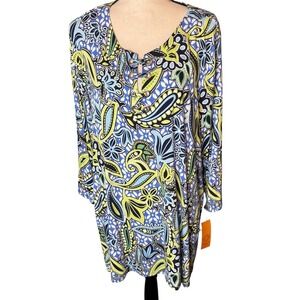 Ruby Rd. Woman 2X Blue Green Paisley Print Keyhole Neck Long Sleeve Top